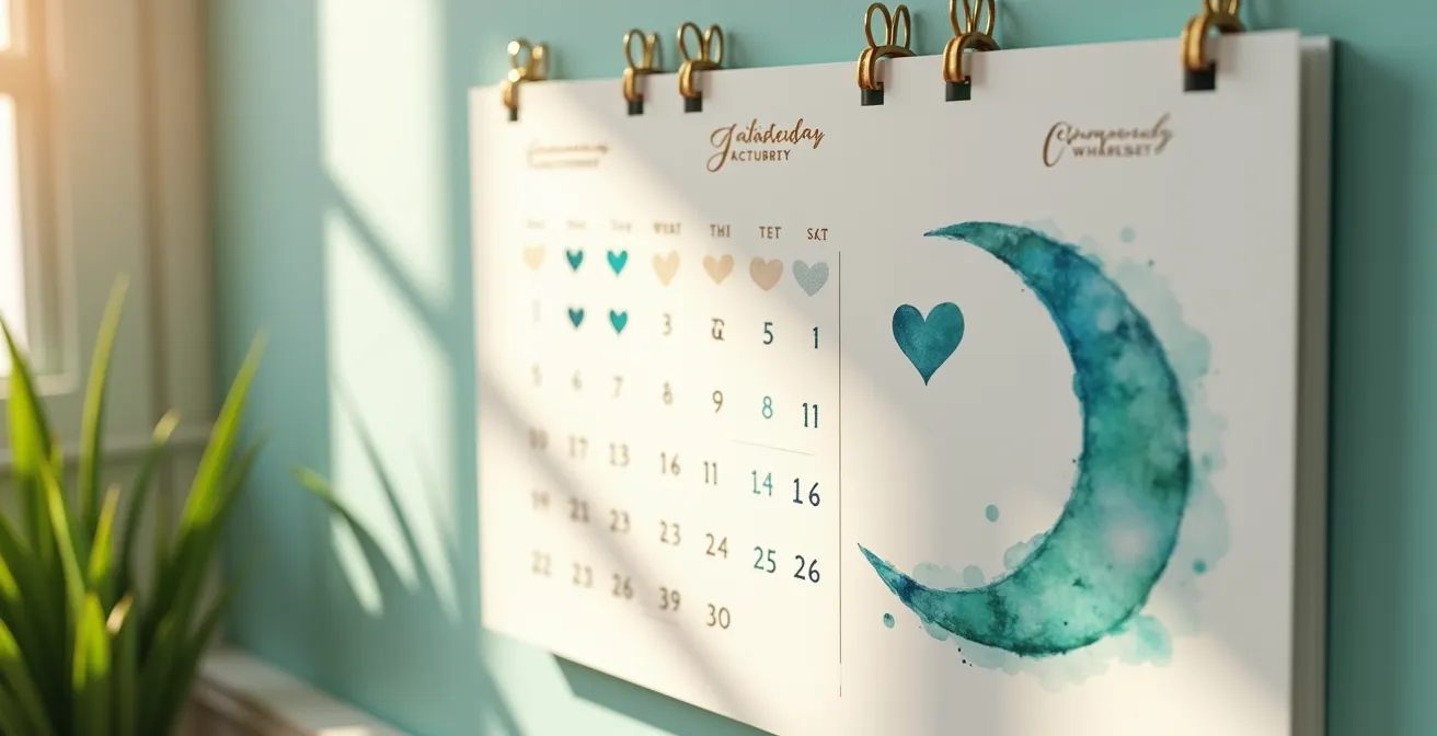Calendrier stylisé avec des symboles de croissant de lune et des icônes de solidarité marquant les étapes de suivi
