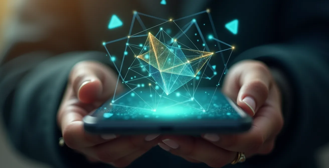 Smartphone moderne avec des hologrammes colorés représentant diverses technologies de don flottant au-dessus