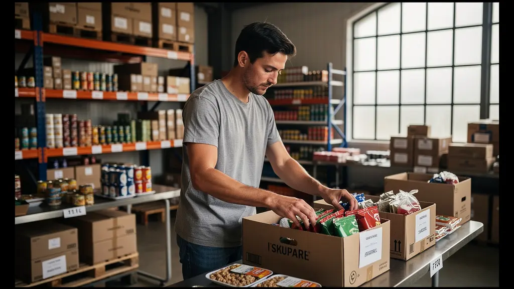 Bénévole préparant des colis alimentaires dans un entrepôt solidaire
