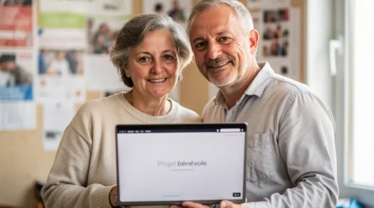 Bénévoles d'association consultant un écran dans un local associatif chaleureux