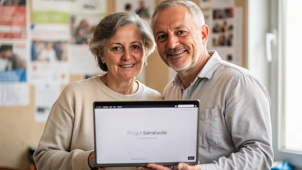 Bénévoles d'association consultant un écran dans un local associatif chaleureux