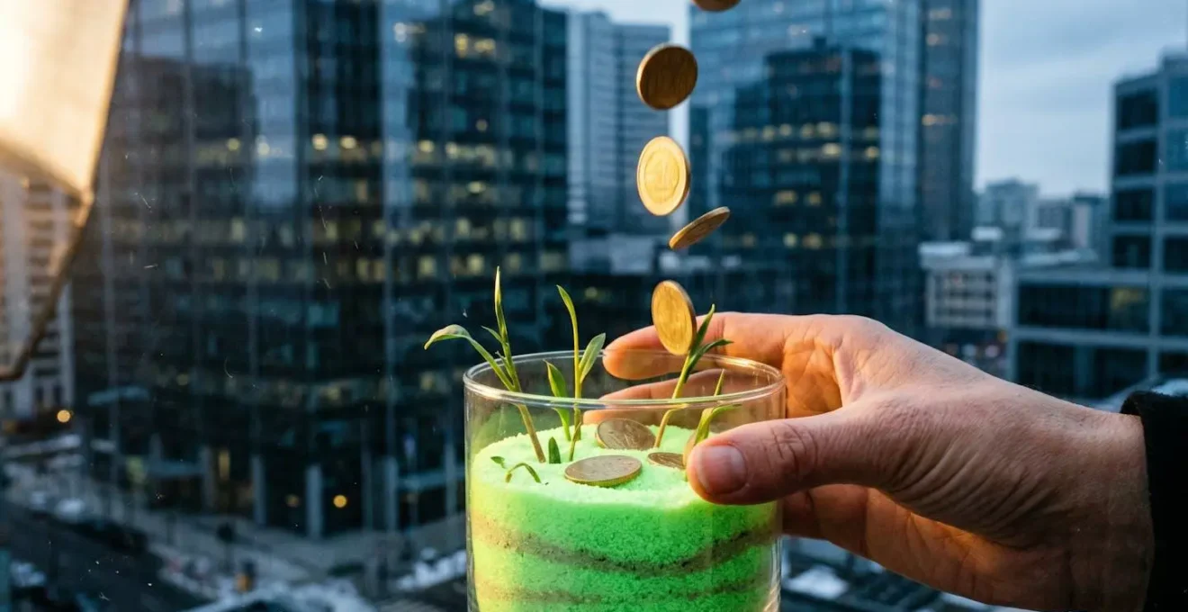 Main versant des pièces dorées dans un verre de sable vert d'où sortent de petites pousses, ville en arrière-plan flou.