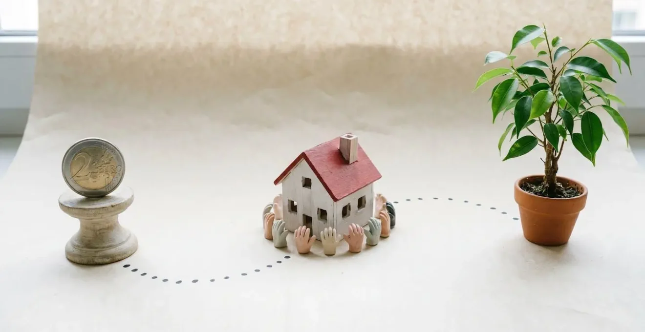 Schéma minimaliste montrant le trajet de l'argent : pièce, maison coopérative, arbre.